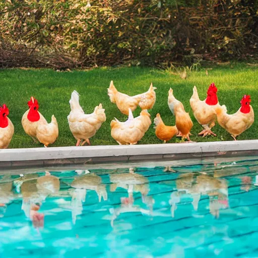 Prompt: the chickens are sunbathing by the pool, photograph