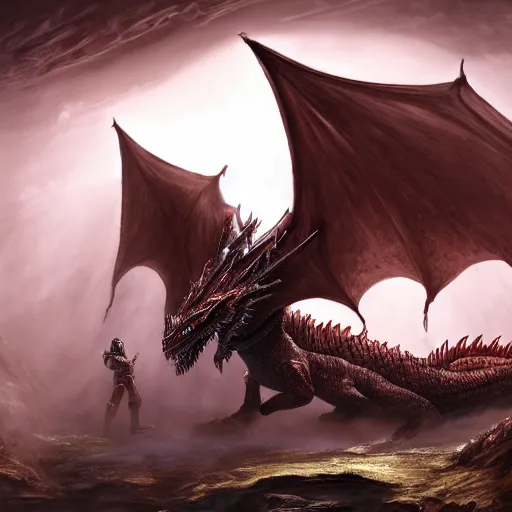 Image similar to photo of an armored knight confronting a large red scaly dragon sleeping on a mountain of human bones in a dark dusty cave with a ray of light shining on it\'s face. The knight is very small in comparison to the dragon. The cave shines with gemstones and gold. Very detailed 8k. fantasy