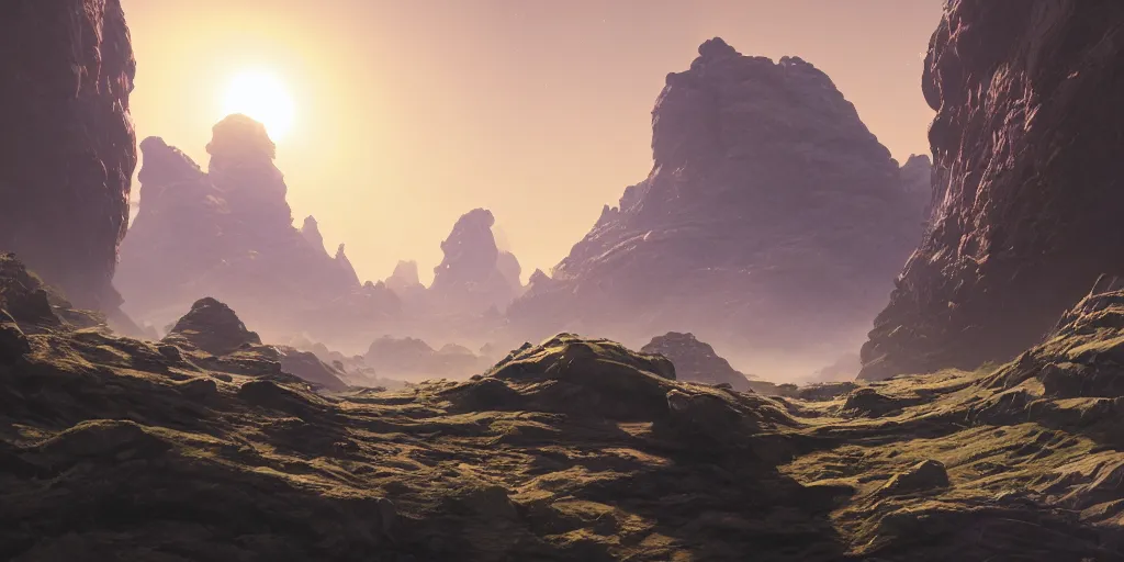 Prompt: A landscape on an alien planet, cinematic lighting, detailed oil painting, unreal 5 render, 8k