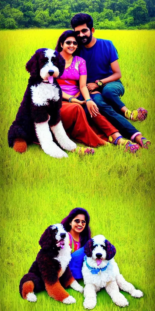Prompt: an indian couple sitting with their bernedoodle puppy, in a field, very colorful, very cute, highly detailed, trending on artstation.