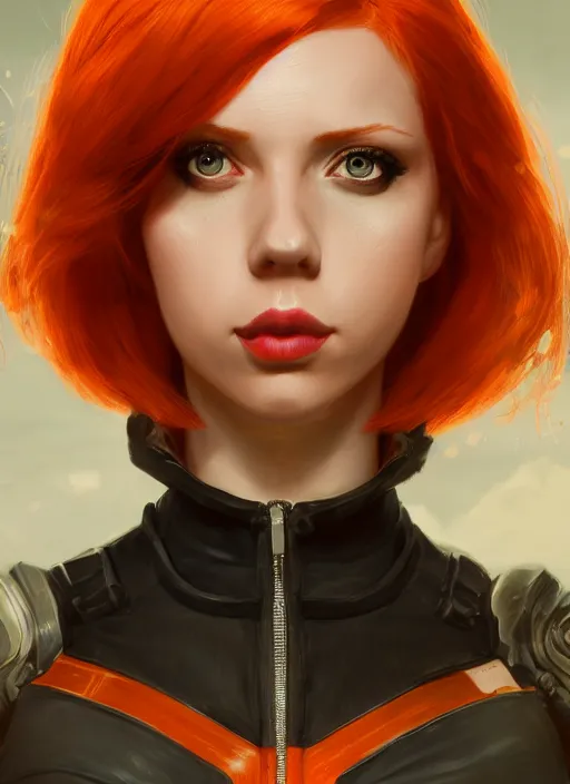 Image similar to biohazard portrait of black widow orange hair girl bioshock, au naturel, hyper detailed, digital art, trending in artstation, cinematic lighting, studio quality, smooth render, unreal engine 5 rendered, octane rendered, art style by klimt and nixeu and ian sprigger and wlop and krenz cushart