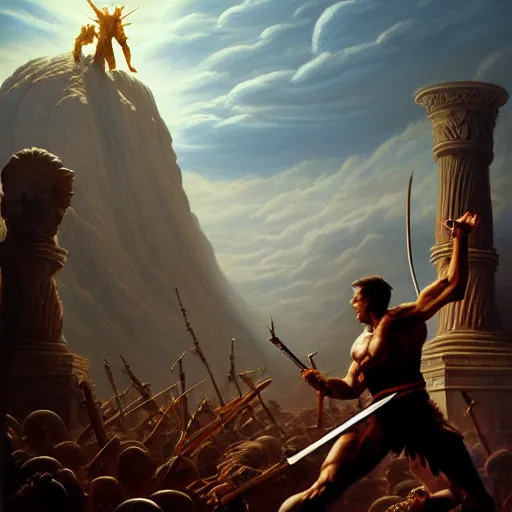 Prompt: highly detailed painting of julius caesar fighting a looming demigod, dramatic, sense of scale, stephen bliss, unreal engine, greg rutkowski, ilya kuvshinov, ross draws, hyung tae and frank frazetta, tom bagshaw, tom whalen, nicoletta ceccoli, mark ryden, earl norem, global illumination, god rays, idyllic