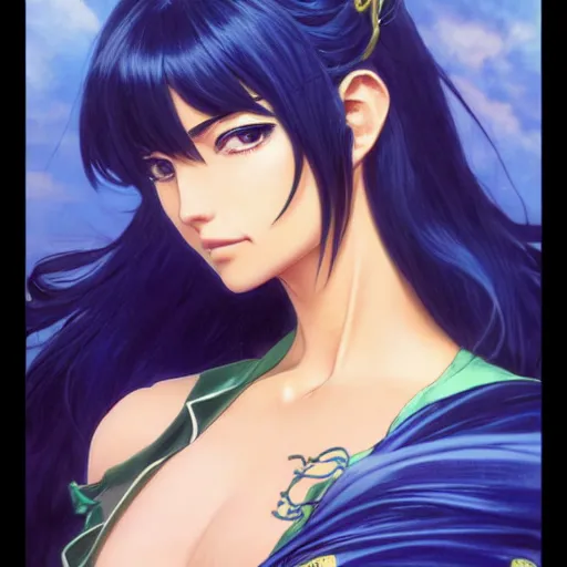 Image similar to highly detailed vfx portrait of nico robin by eiichiro oda!, makoto shinkai, alphonse mucha, sharp focus, art by artgerm and greg rutkowski!, harsh overhead sunlight, blue eyes!!, large aquiline nose!!, stanley kybric, kaoru mori, intricately detailed, best of behance,