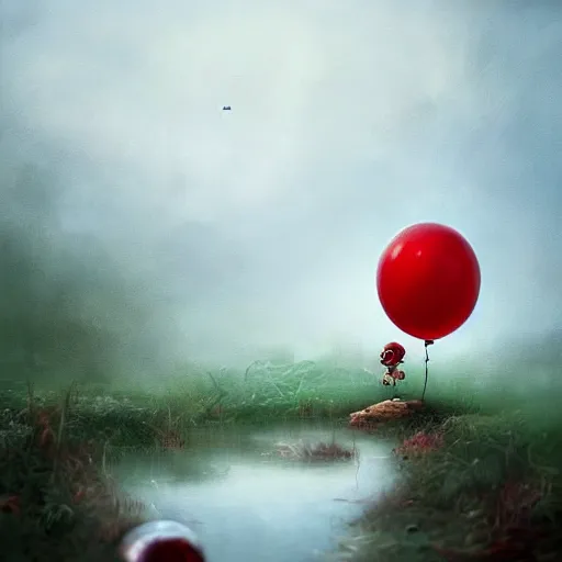 Prompt: grunge cartoon landscape painting of a little girl and a red balloon by - michal karcz, loony toons style, pennywise style, horror theme, detailed, elegant, intricate