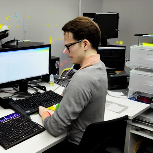 Prompt: Max Chroma Color Scientist mixing colors in his computer lab in the style of Max Chroma