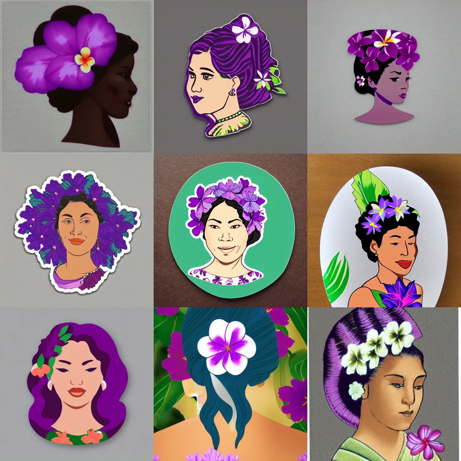 Prompt: catroon sticker of hawaiian woman with purple flower in her hair with white border on gray background