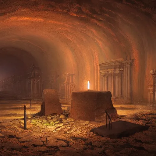 Image similar to vast underground cavernous necropolis with a candle illuminating it, digital painting, dimmed lighting, gloomy, photorealistic, hypwr detailed