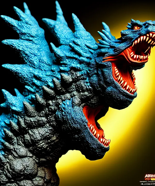 Image similar to hyperrealistic rendering, godzilla by art of skinner and richard corben and jeff easley, product photography, action figure, sofubi, studio lighting, colored gels