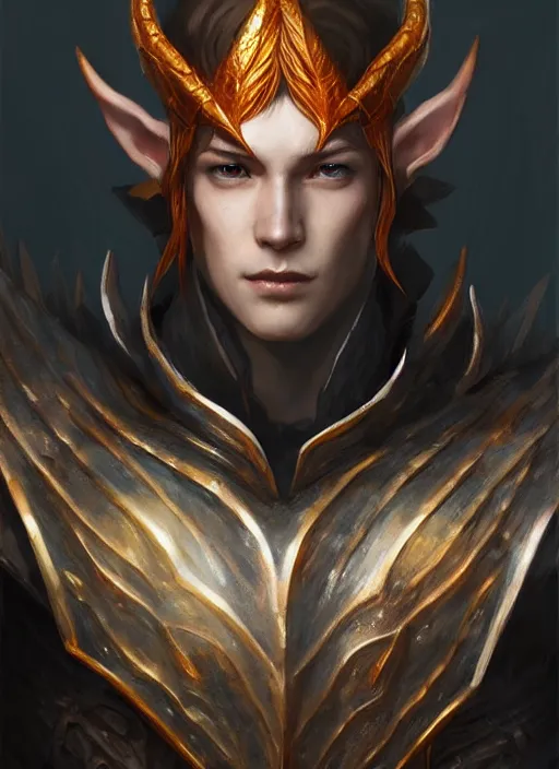 Prompt: Half-body portrait a handsome elven red-head prince in a dragon scale armour. In style of Hyung-tae Kim and Greg Rutkowski, concept art, trending on ArtStation, Korean MMORPG, over-detailed art, 8K, epic, dynamic lightning, dramatic pose.