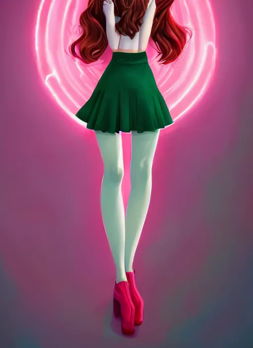 Image similar to full body portrait of teenage cheryl blossom, bangs, green eyes, sultry expression, red hair, sultry smirk, bangs and wavy hair, pink skirt, bangs, intricate, elegant, glowing lights, highly detailed, digital painting, artstation, concept art, smooth, sharp focus, illustration, art by wlop, mars ravelo and greg rutkowski