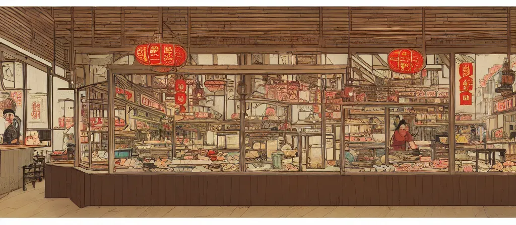 Image similar to a beautiful simple 4 k hd wallpaper illustration of interior view display of the corner of roasted string hotpot shop, simple style, from china, with merchant logo, simple structure, surrealistic, chinese style, victo ngai, james jean, denoise, deblurring