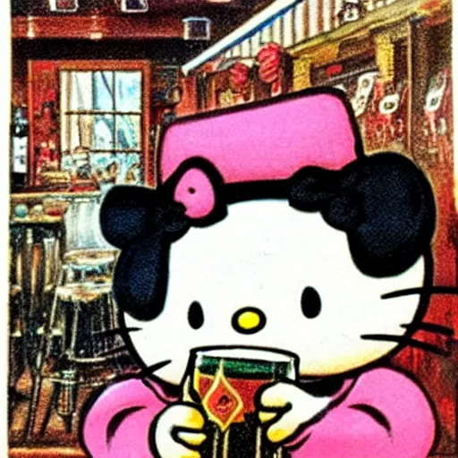 Image similar to Hello Kitty drinking beer, artwork by Earl Norem,