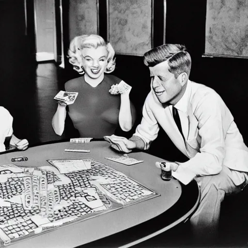 Prompt: a highly detailed photo of marilyn monroe and jfk playing yu - gi - oh, antique photo