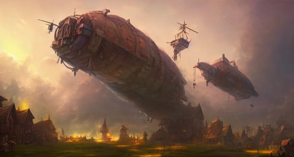 Image similar to landscape an fantasy town in the sky and an airship flying towards it andreas rocha