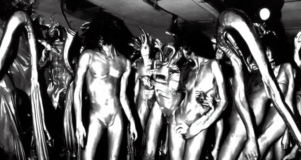 Image similar to color film still, alien xenomorphs at the disco ; studio 5 4 ( 1 9 9 8 )