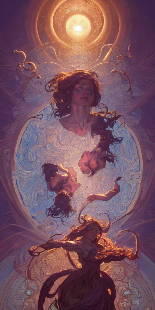 Prompt: pan-dimensional omnipotent beings, intricate, highly detailed, digital painting, artstation, concept art, smooth, sharp focus, illustration, Unreal Engine 5, 8K, art by artgerm and greg rutkowski and alphonse mucha, by Jesper Ejsing, by RHADS, Makoto Shinkai and Lois van baarle, ilya kuvshinov, rossdraws