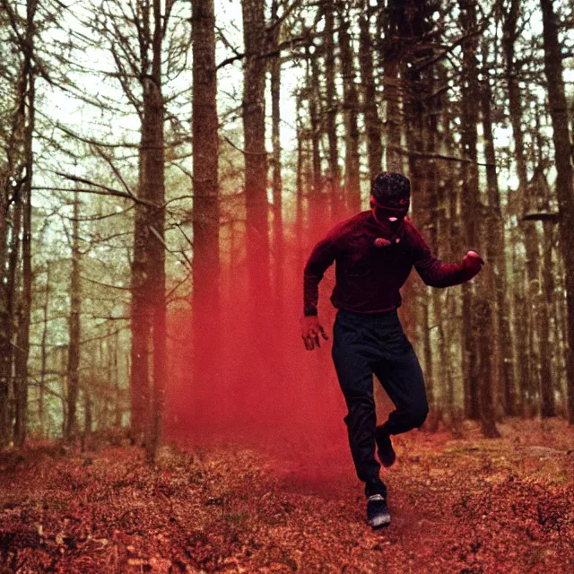 Image similar to photo of shia labeouf sprinting through the woods with dark red liquid all over his face, dramatic, cinematic, cinestill 8 0 0 t, motion blur