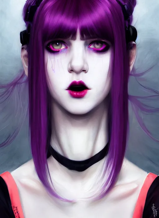 Image similar to portrait of white teenage girl, normal face, white bangs, mall goth, cyberlox, black and white hair, bangs, fluffy bangs, red contact lenses, purple lipstick, intricate, elegant, highly detailed, digital painting, artstation, concept art, sharp focus, smooth, illustration, art by wlop, mars ravelo and greg rutkowski