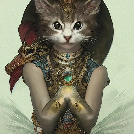 Image similar to A heraldic queen kitty cat with big cute eyes, D&D, fantasy, intricate, cinematic lighting, highly detailed, digital painting, artstation, concept art, smooth, sharp focus, illustration, art by Akihiko Yoshida, Greg Rutkowski and Alphonse Mucha