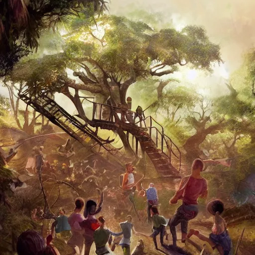 Prompt: The battle for the treehouse, small group of kids trying to take a treehouse from another small group of kids, artwork by Craig Mullins,Movie poster, detailed, trending on artstation, isometric