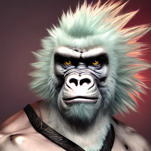 Image similar to angry tough albino gorilla, punk gorilla with mohawk hair. interesting 3 d character concept by tiger hkn and gediminas pranckevicius, game art, hyper detailed, character modeling, cinematic, final fantasy, video game character concept, ray tracing, fur details, maya, c 4 d