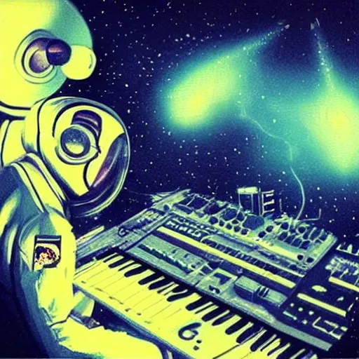 Image similar to an astronaut, using a synthesizer in a music studio, [ floating ]!!, synthwave art style, illustrated by greg rutkowski and ashley mckenzie, trending on cgsociety, golden ratio!!!, centered!!!, intricate