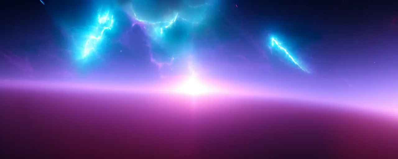 Image similar to minimalist cinematic scifi render of atmospheric space, nebula, hubble, homeworld skies, volumetric lighting, 4 k, 8 k, hd