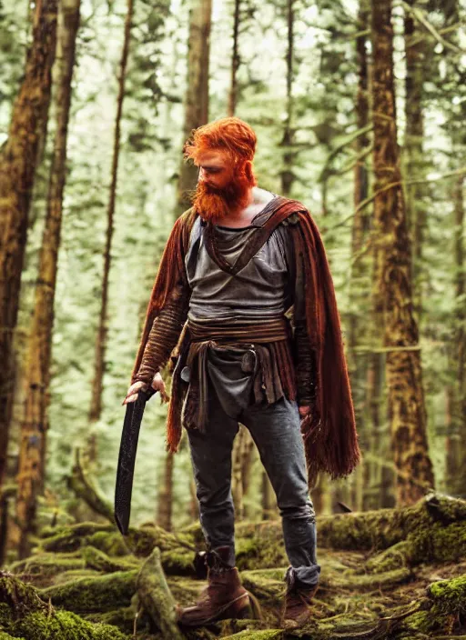 Prompt: grungy redhead 30-something scruffy bearded shoulder-length hair swordsman holding a short curved sword in a ultradetailed pacific northwest redcedar forest, smooth. sharp focus, grunge dingy matte painting detailed,