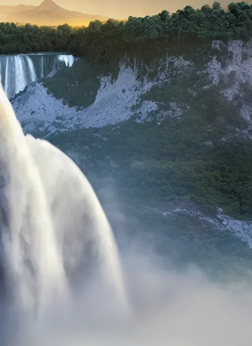 Prompt: cascade of multiple gigantic niagara falls, epic mountains in the background, early dawn, fantasy illustration, matte painting, concept art, low angle shot, volumetric lighting, volumetric atmosphere, morning mist, art by james gurney, unreal engine 5, 8 k