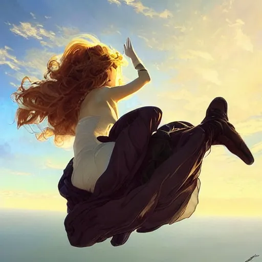 Prompt: beautiful cottagecore Ariana Grande skydiving, wind in the hair intricate, elegant, highly detailed, digital painting, artstation, concept art, smooth, sharp, focus, illustration, art by artgerm and greg rutkowski and alphonse mucha