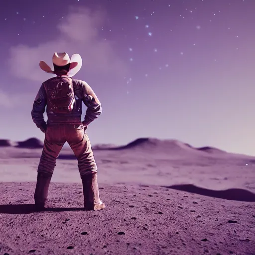 Image similar to cowboy standing on the moon, planet earth background, photorealistic, octane render, blender render, unreal engine, 3 5 mm