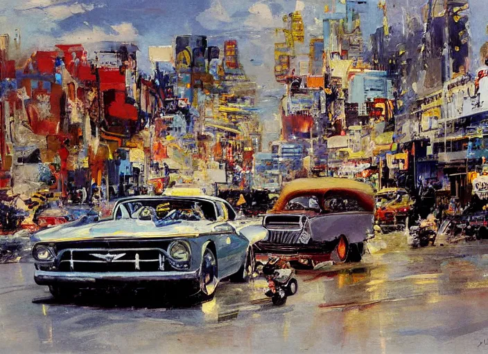 Prompt: hotrods driving down a street , vintage, highly detailed, by John Berkey