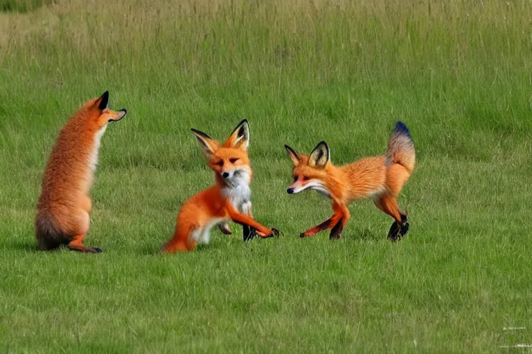 Prompt: Foxes playing in a meadow