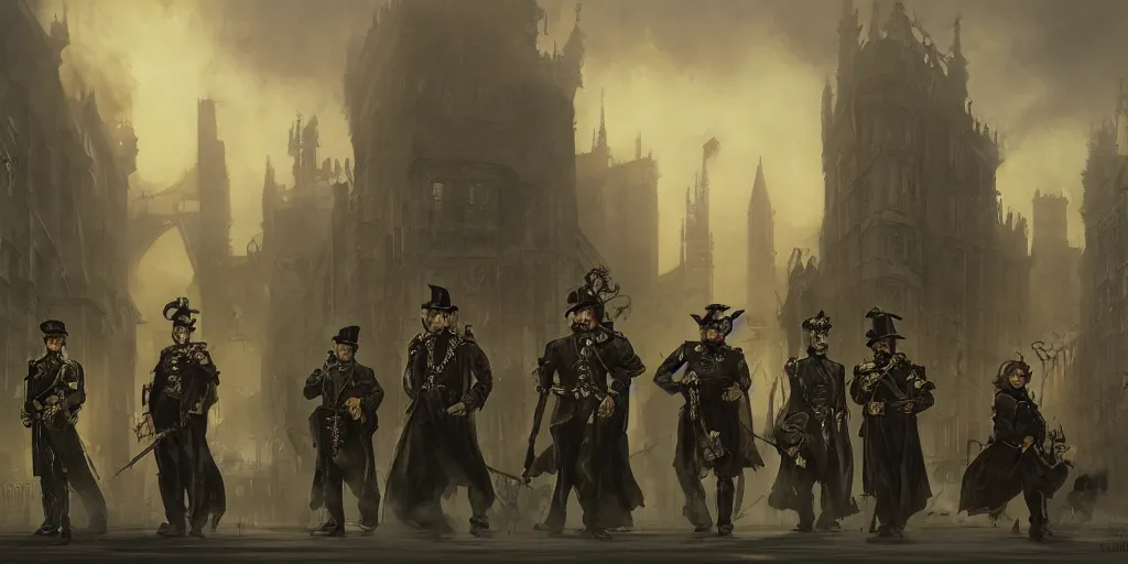Prompt: four victorian london cops with bornze masks patrolling the street, dark fantasy setting, matte painting, artstation, detailed, 4k, alan lee and peter mohrbacher and frank frazetta and mike mignola