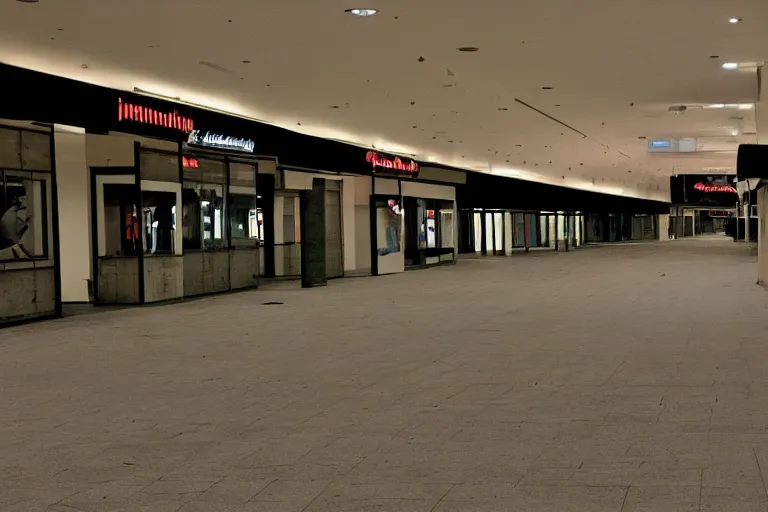 Image similar to closed liminal mall, 4k, mid night, scary, very dark, 2000s photo