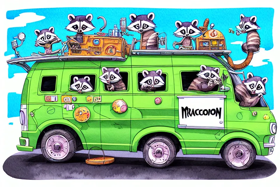 Prompt: cute and funny, racoon wearing a helmet riding in a mystery machine van, ratfink style by ed roth, centered award winning watercolor pen illustration, isometric illustration by chihiro iwasaki, edited by range murata, tiny details by artgerm and watercolor girl, symmetrically isometrically centered, sharply focused