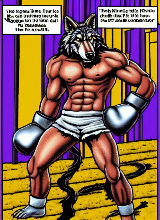 Image similar to extreme long shot. antropomorphic muscular masculine furr wolf. kickboxer, in shorts. wolf head. furr on body. 8 bit nes graphics. 8 0's