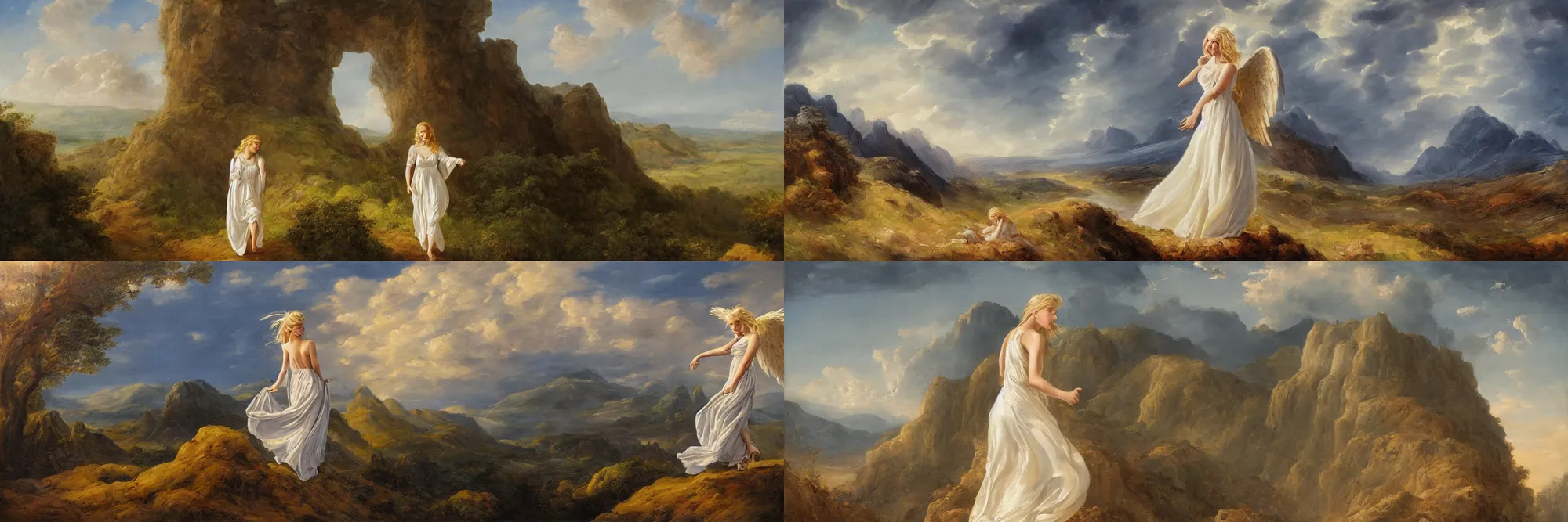 Prompt: a blonde angel arriving at a valley, dramatic light on the angle, long white dress, landscape with hundreds of dark blue people, romantic painting, 8 k