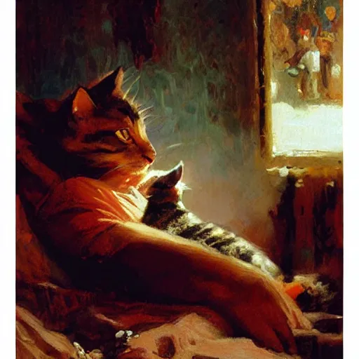 Image similar to a cat watching movie, painting by gaston bussiere, craig mullins