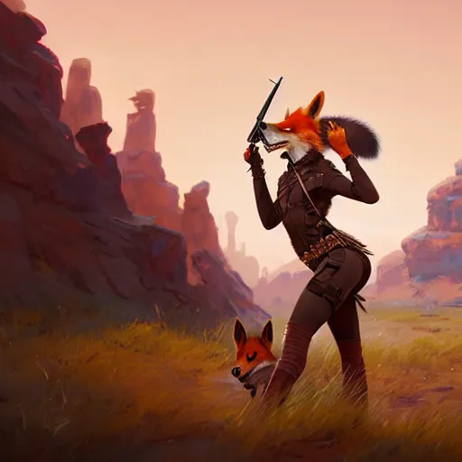 Image similar to splash art of cute anthropomorphic vulpes vulpes fulva as a bounty huntress in wild west in a gunfight, rugged clothes, motion blur, bullets whizzing, high energy : by weta, greg rutkowski, wlop, ilya kuvshinov, rossdraws, artgerm, octane render, iridescent