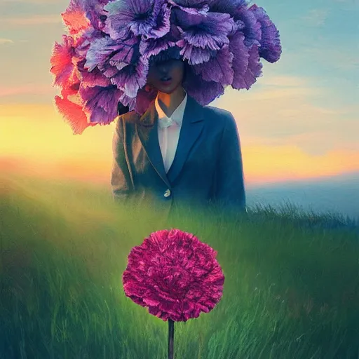 Image similar to giant carnation flower head, girl in a suit, on a path, surreal photography, sunrise, dramatic light, impressionist painting, digital painting, artstation, simon stalenhag