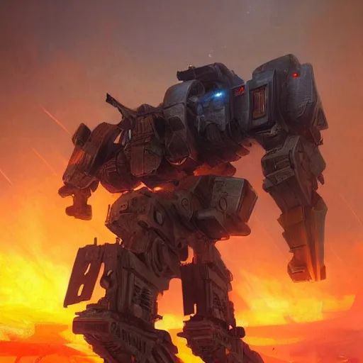 Image similar to portrait of timberwolf battlemech on fire, battle damage, sunset glow around head, full body portrait, intricate, elegant, highly detailed, digital painting, artstation, concept art, smooth, sharp focus, illustration ,sunset, dramatic lighting by Marc Adamus art by artgerm and greg rutkowski and alphonse mucha, background is a city in ruins