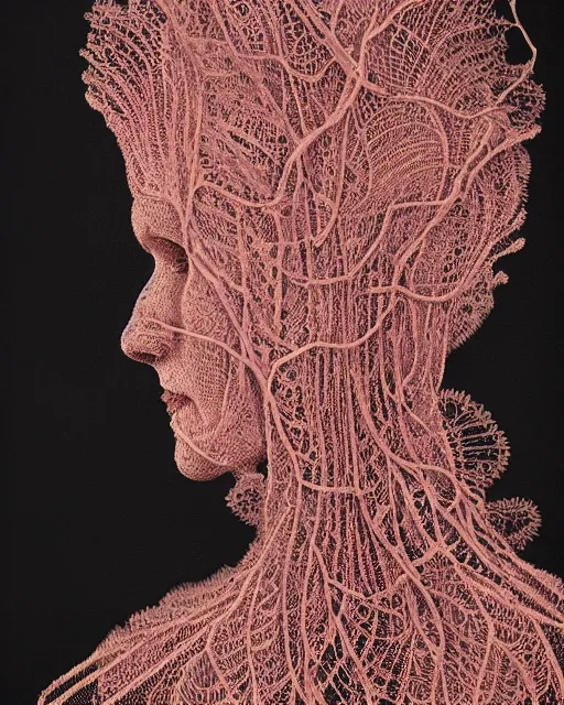 Image similar to a woman's face in profile, hair entwined in a coral reef, made of intricate decorative lace leaf skeleton, in the style of the dutch masters and gregory crewdson, dark and moody
