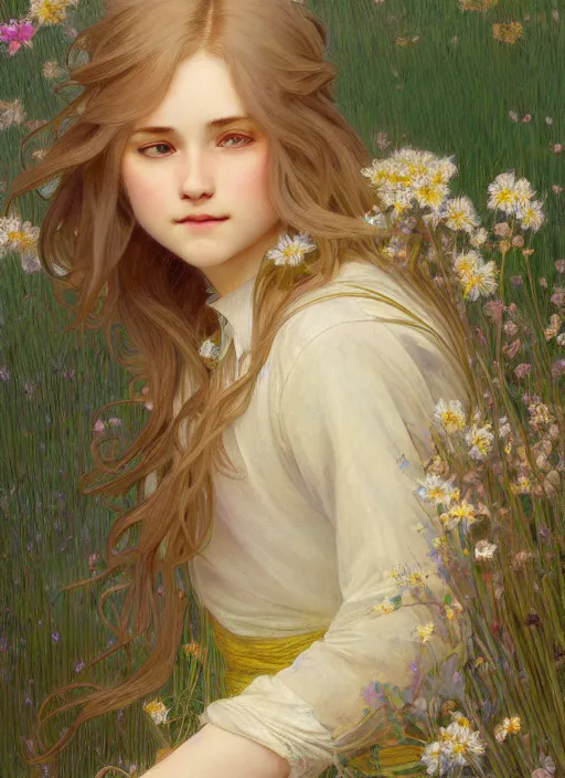 Image similar to pretty young man with shoulder length shiny shimmering golden blond hair, half body shot, decorative flowery background, path traced, highly detailed, high quality, digital painting, by studio ghibli and alphonse mucha, leesha hannigan, hidari, disney, jules bastien - lepage