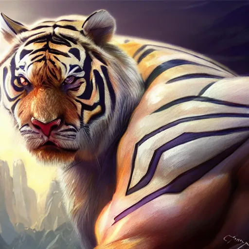 Image similar to a esthetic portrait commission of a muscular antrho albino tiger wearing the superman outfit,hyperdetailed face,character design by charlie bowater,ross tran,artgerm,makoto shibkai,photorealistic,western comic book art,film poster,deviantart,artstation