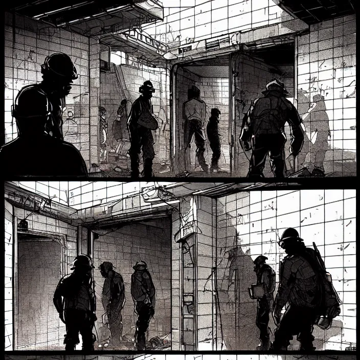 Image similar to miners wait to enter a tiny cubic building with one door. storyboard panel, scifi cyberpunk. by gabriel hardman, joe alves, chris bonura. cinematic atmosphere, detailed and intricate, perfect anatomy