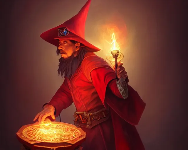 Image similar to red hat wizard, holding a torch, deep focus, d & d, fantasy, intricate, elegant, highly detailed, digital painting, artstation, concept art, matte, sharp focus, illustration, hearthstone, art by artgerm and greg rutkowski and alphonse mucha