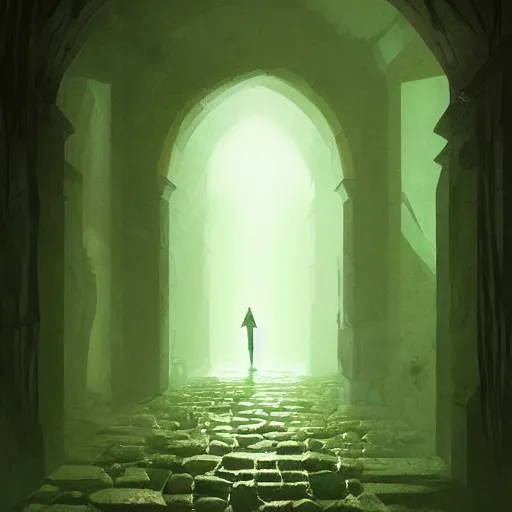 Image similar to dark stone hallway with green goo in the corners as an adventurer with a torch walks through, by greg rutkowski