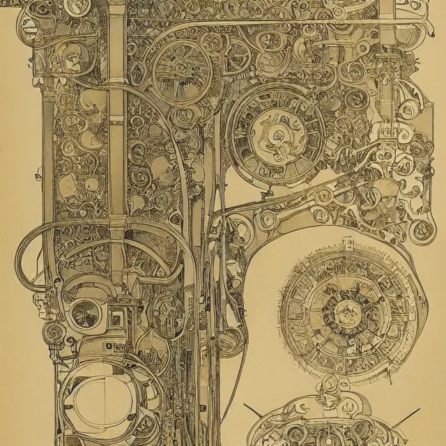 Image similar to beautiful, symmetric, art nouveau, detailed, intricate technical drawings on parchment from 1 8 4 0 with extensive written labels and covered in scribbled pencil notes in open space, for a mechanical art creation drawing robot, by ron cobb and alphonse mucha