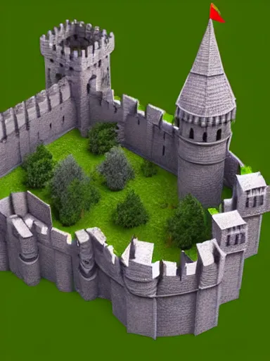 Prompt: medieval castle in a jungle with towers and moat, 3 d, isometric, low poly